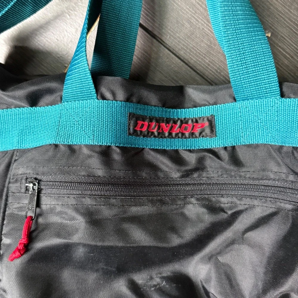 Vintage Dunlop Black Teal Nylon Duffel Gym Travel Bag Shoulder Strap 90s